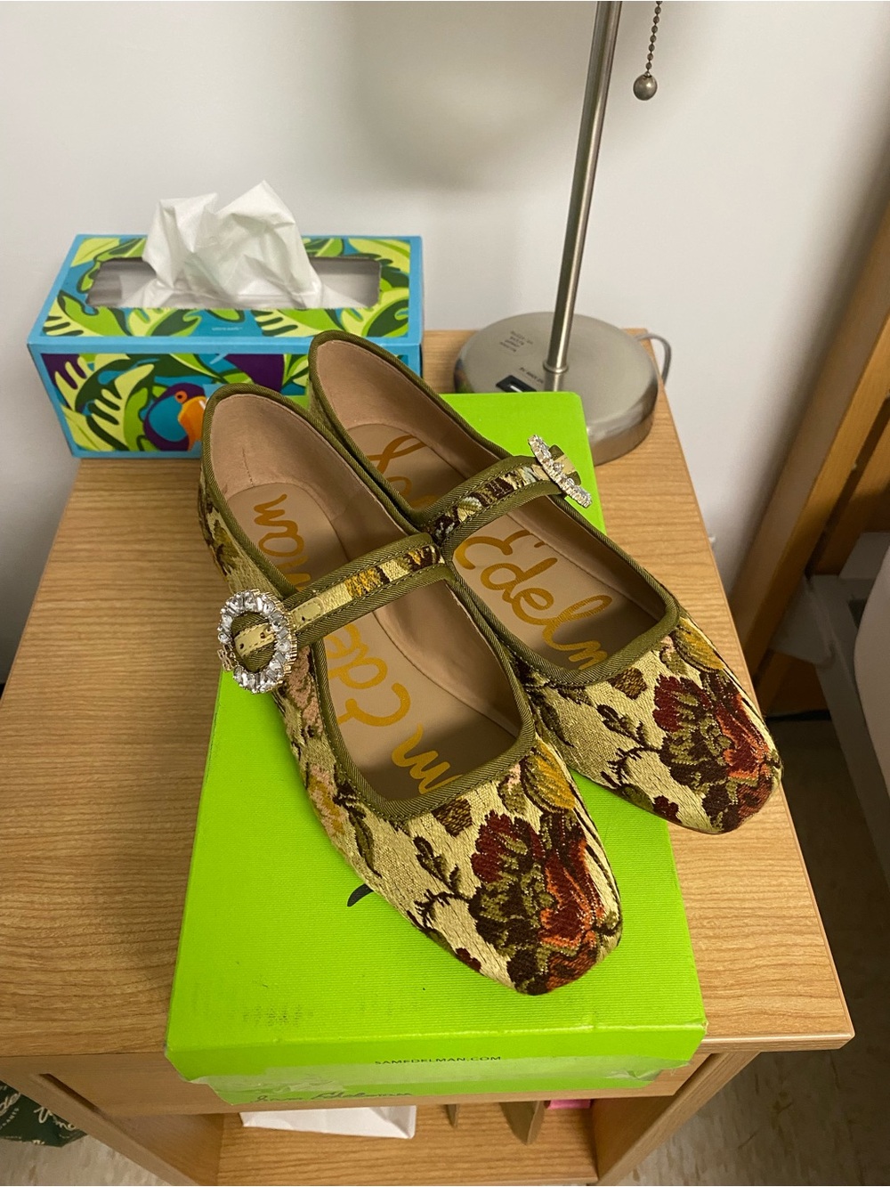 Sam Edelman Michaela Glow Green Floral Mary Jane Flats with Embellished Buckle